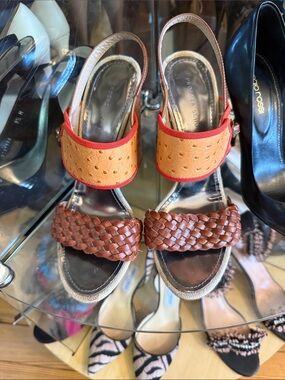 Proenza Schouler Braided Brown Leather & Orange Slingback Heeled Sandals